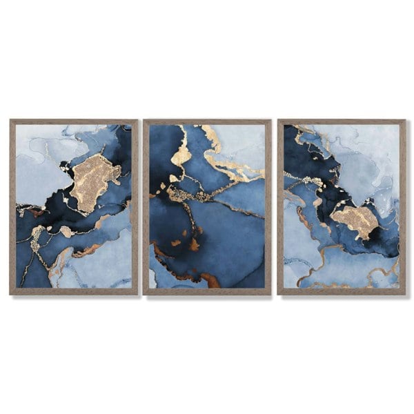 Artze Wall Art Framed Set of 3 Abstract Art Prints of Paintings Navy Blue and Gold