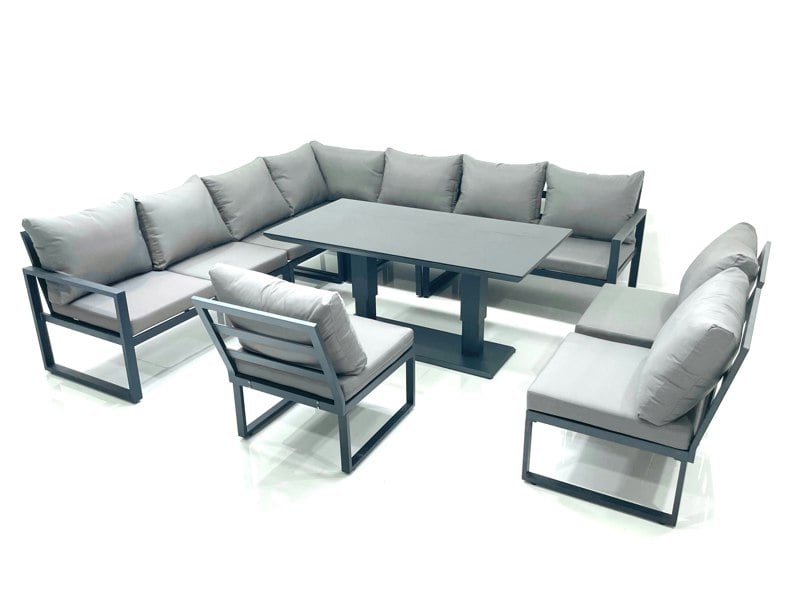 Fimous 10-Seater Outdoor Garden Aluminium Corner Sofa Dining Set with Adjustable Rising Dining Table - Dark Grey