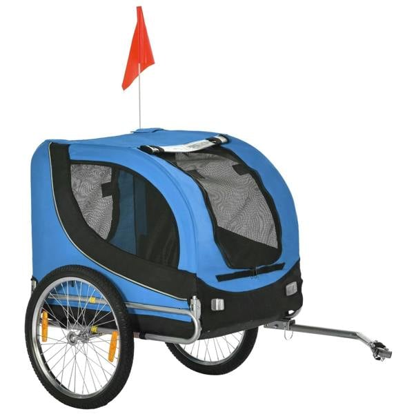 Blue and black pet bike trailer with clear mesh windows and rear hitch bar
