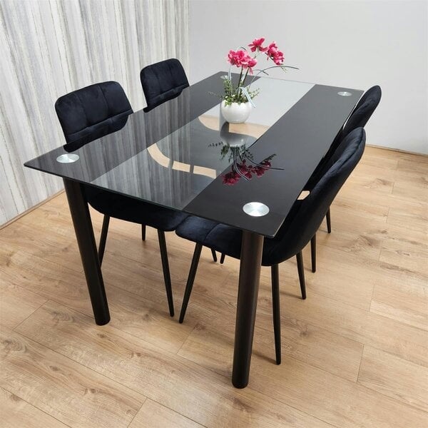 Kosy Koala Black Glass Dining Table Set With 4 Black Velvet Chairs For Dining Room And Kitchen Furniture