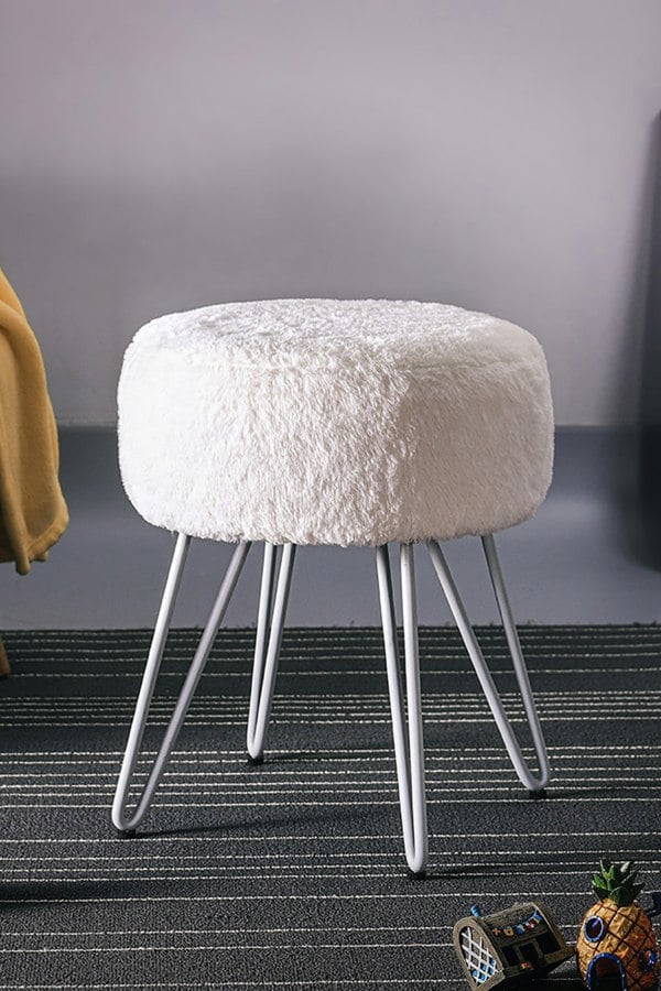 Living and Home Soft Fluffy White Low Chair Dressing Footstool with Metal Leg