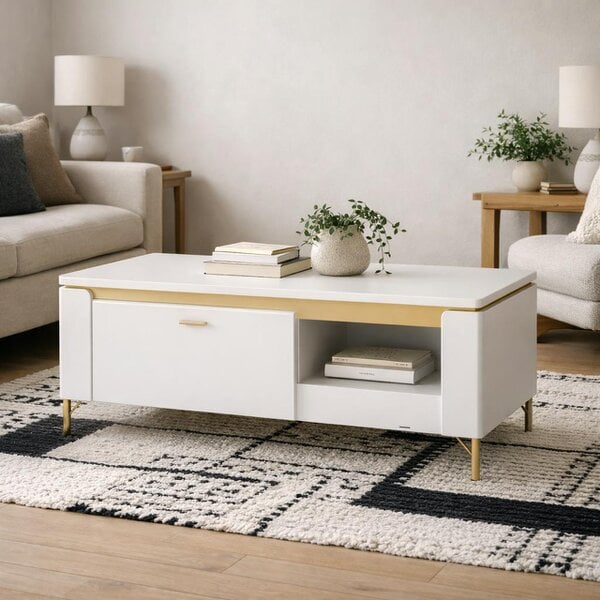 Wyld Haus Maribo Matt White Coffee Table 1 Drawer Gold Metal Legs