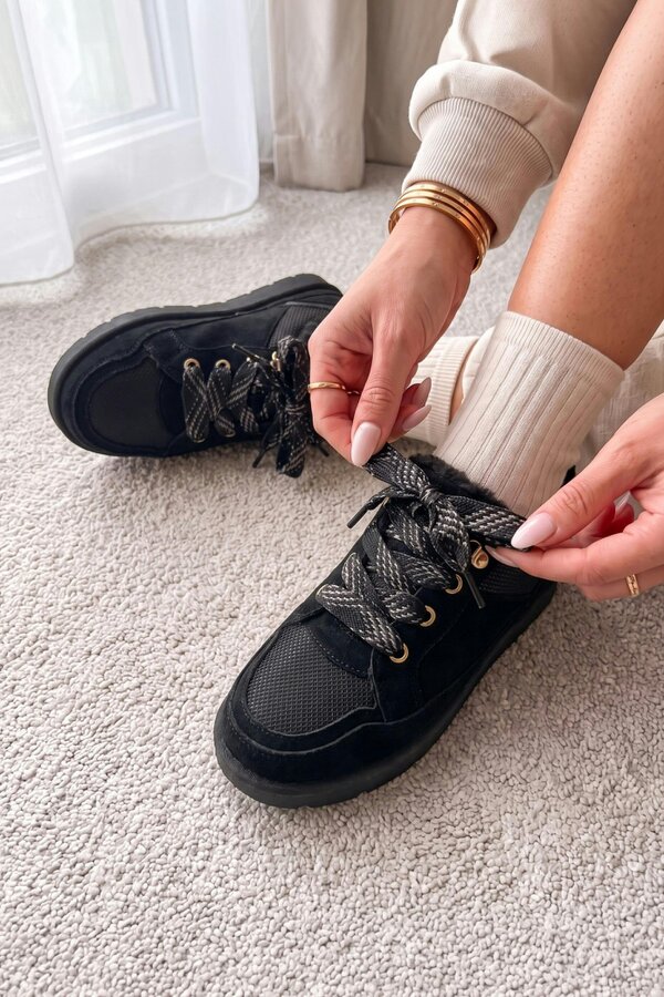 Love Lemonade Hudson Comfort Faux Suede Check Lace Faux Fur Lined Trainers Black