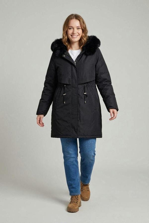 Izabel London Faux Fur Trim Hooded Thigh Length Coat