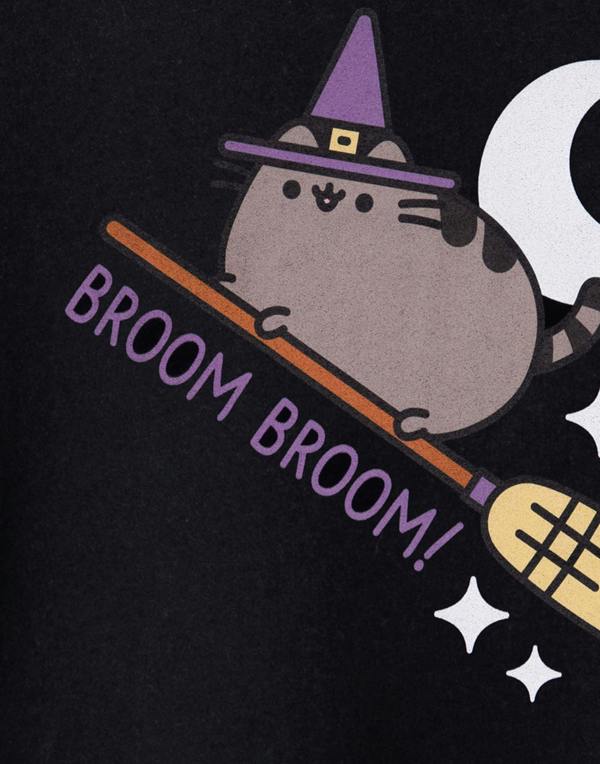 Pusheen Girls Black Halloween Broom Broom Short Sleeved T-Shirt
