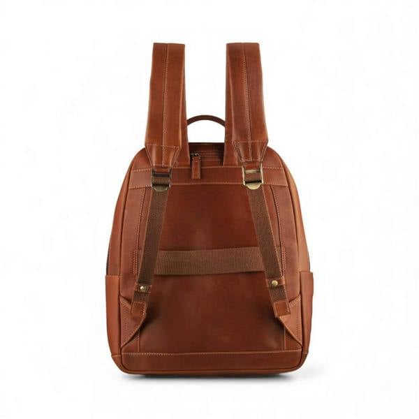 Tan leather backpack on a white background