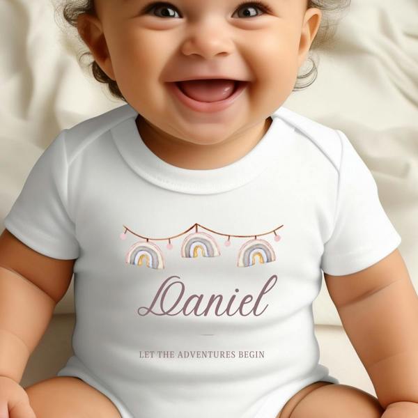 Personalised Rainbow Bunting Baby Grow, Vest or Bib with Name