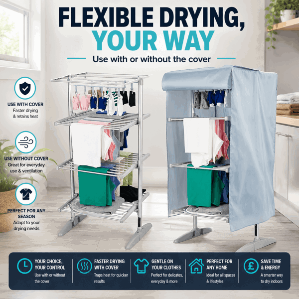 GlamHaus 4 Tier Heated Clothes Airer with Cover 300W Digital