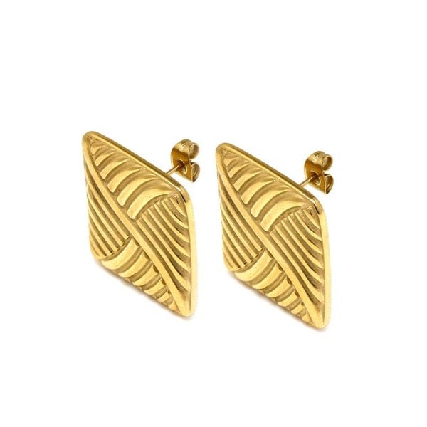 Say It With Ribbed Rectangle Stud Earrings - Yellow Gold Plated
