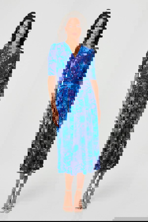 Blue | Printed 1/2 Sleeve Wrap Midi Dress

