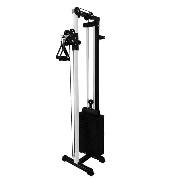 Wall mounted cable pulley machine with a sleek black and white design, featuring adjustable weights and ergonomic handles for versatile workouts