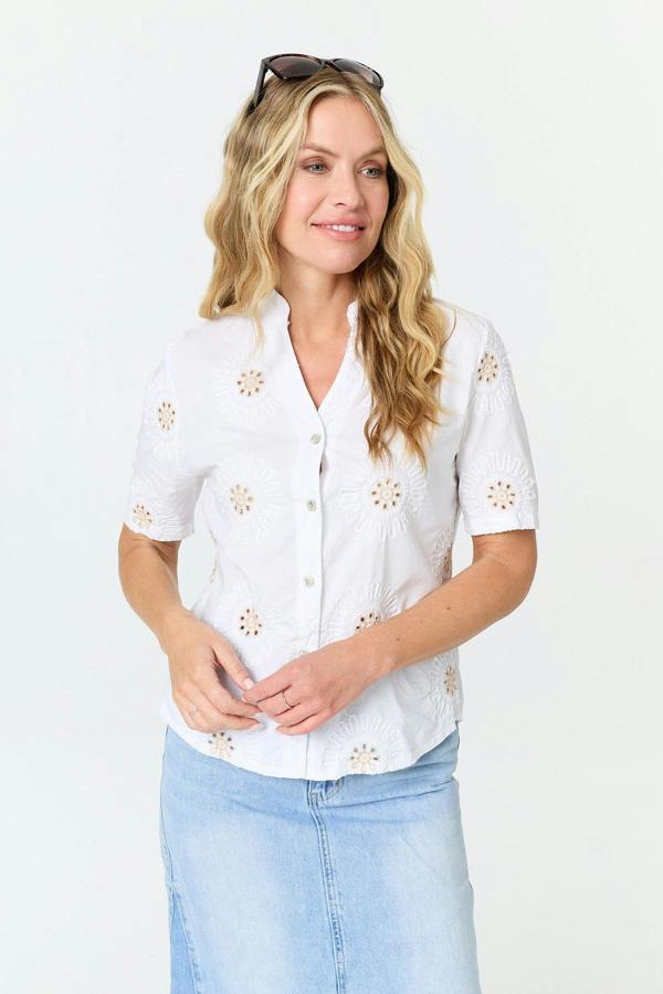 White | Embroidered Texture V-Neck Blouse