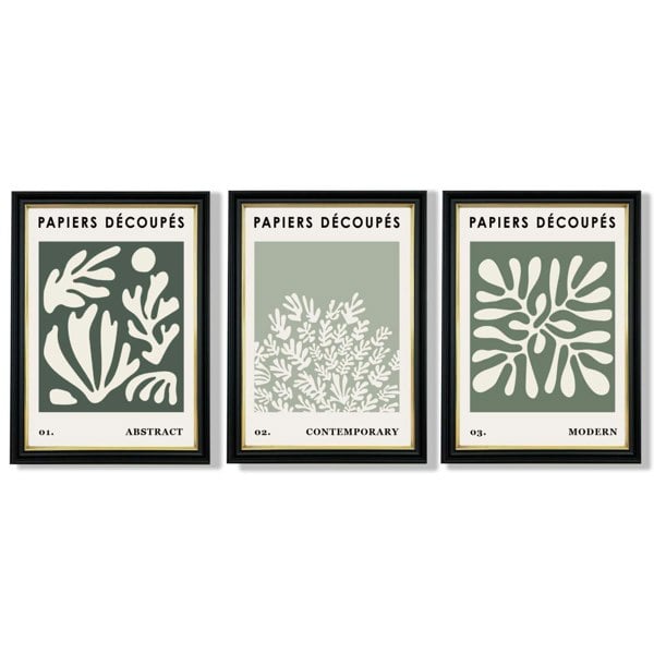 Matisse Floral Set of 3 in Green and Sage Framed Art Prints with Vermeer Black and Gold Frames