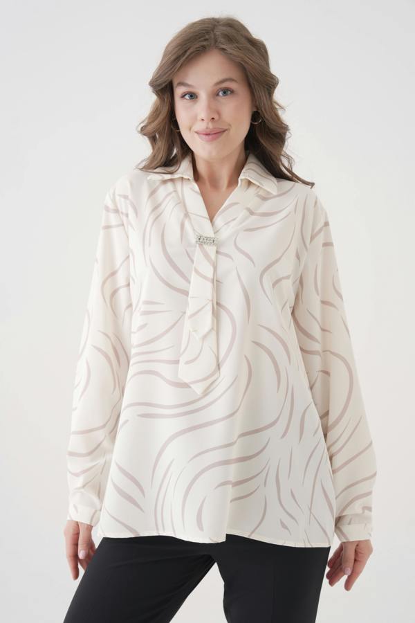 Hoxton Gal Relaxed Fit Long Sleeves Brooch and Print Detail Blouse