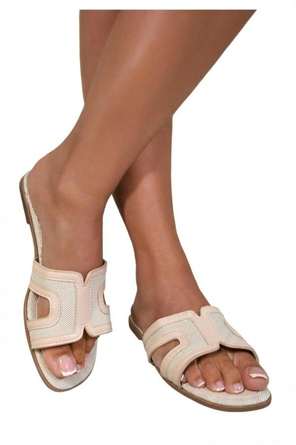 Reya Open Toe Contrast Trim Cut Out Flat Sandals - Beige_wb
