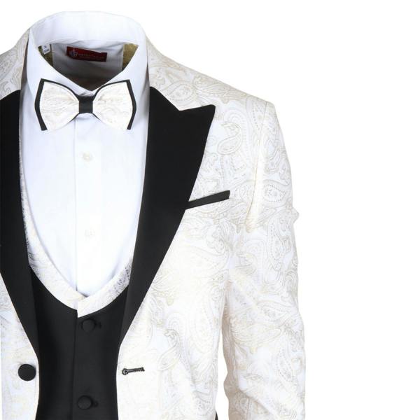 Infinity Leather Men's 4 Piece White Paisley Wedding Suit Tailor Fit