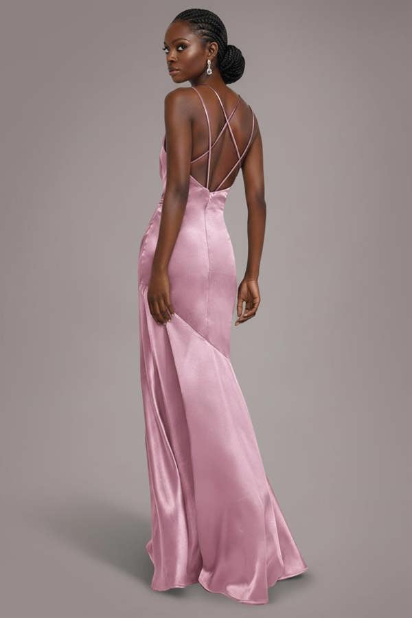 Satin Cowl Neck With Strappy Back Maxi - Pink DR2113QZ