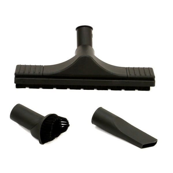 Gutter vacuum attachment set includes a wide brush head and two nozzles, all in durable black plastic for efficient cleaning