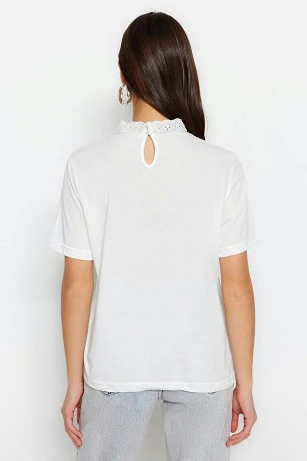 WOVCOR Embroidered High Neck Basic Regular Fit Cotton Knit Blouse