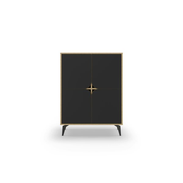Decortie Modern Spark Cabinet 4-Doors Storage Engineered Wood Display Unit with Black Metal Legs 90(W)cm Oak