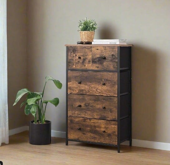 Rustic brown 5-drawer chest of drawers with black metal frame and wood handles, fabric drawers, ideal for bedroom or hallway storage


