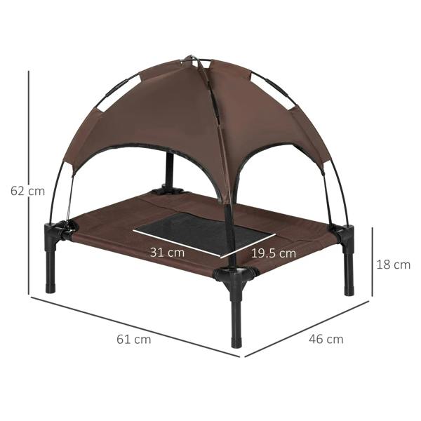 Brown elevated pet cot with dome canopy and raised legs, open mesh side panels