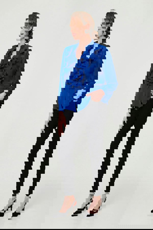 Blue | Sheer Ruffled V-Neck Long Sleeve Blouse
