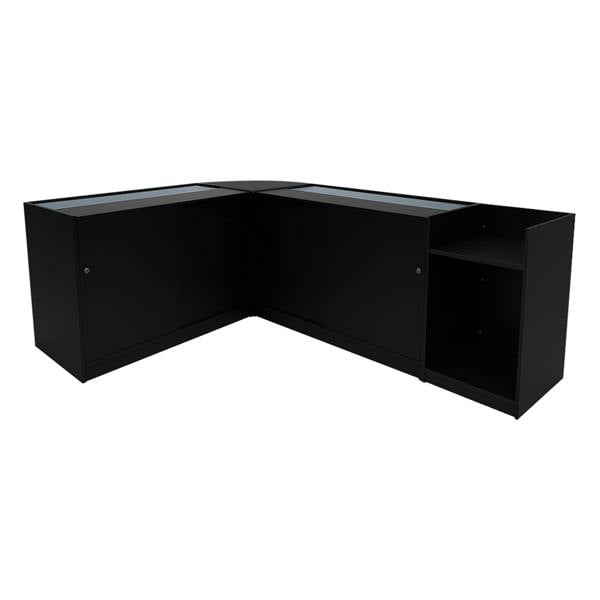 Theia LED Shop Counter Set in black features sleek glass tops, modern design, and ample storage with a corner configuration