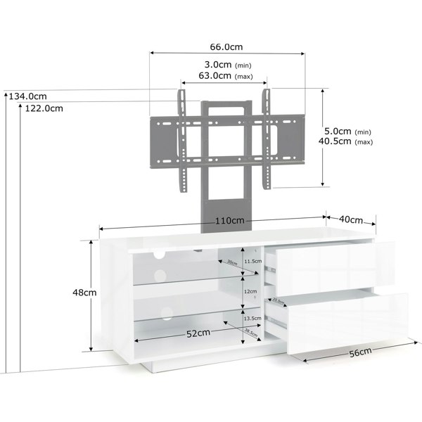 Centurion Supports Gallus Gloss White with 2- Drawers and 3-Sheves 32"-55" LED/LCD/Plasma Cabinet TV Stand with Mounting Arm