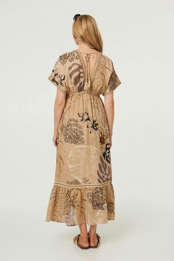 Beige | Printed Short Sleeve Empire Maxi Dress