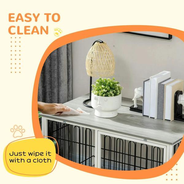 Grey cushioned indoor dog crate end table with lockable door and wipe-clean surface