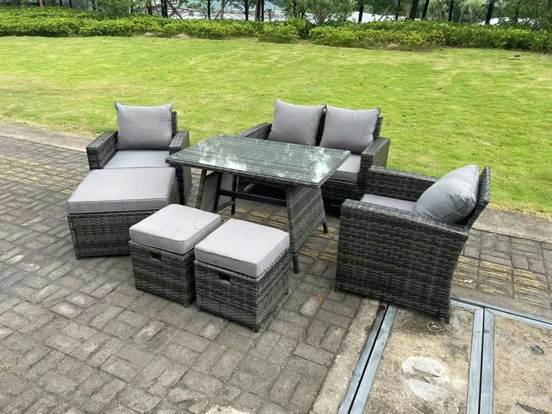 Fimous 7 Seater Dark Grey Mixed High Back Rattan Sofa Set Dining Table Garden Furniture Outdoor