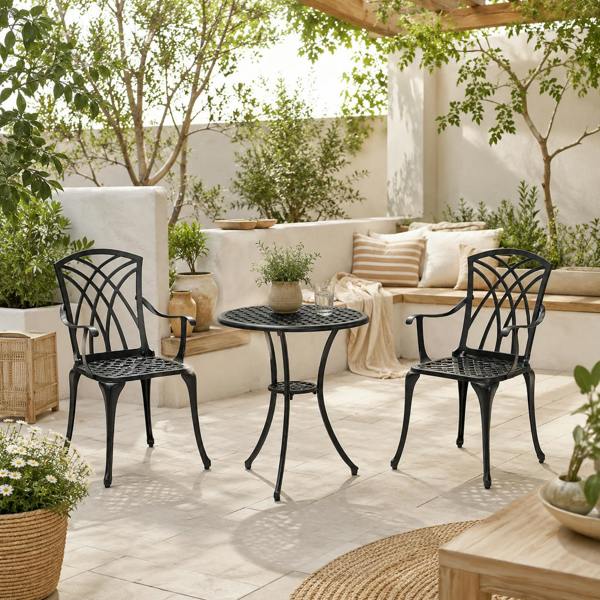Wyld Haus Haloco Cast Aluminium Bronze Tone 3 Piece Garden Bistro Set With Armchairs And Round Table