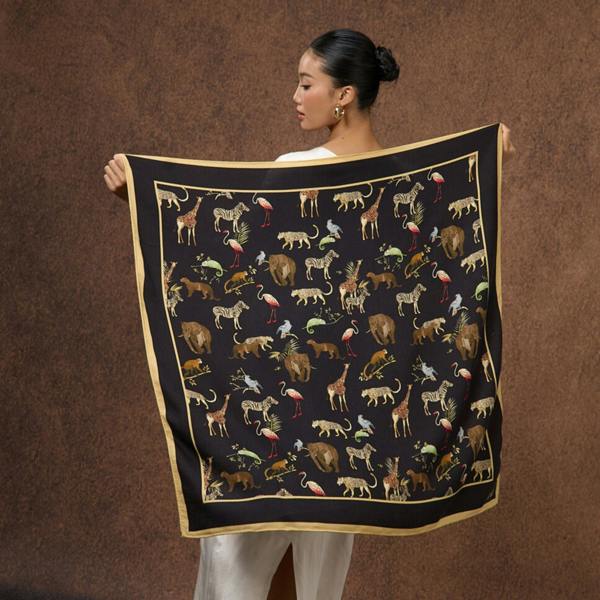 Noir Safari Wool Silk Scarf – Animal Motif Wrap, Hand-Rolled Hem, Winter Gift