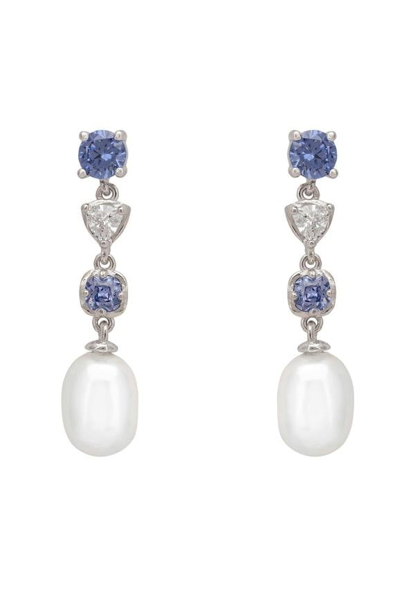 Pair of earrings with pearls and blue gemstones on a white background