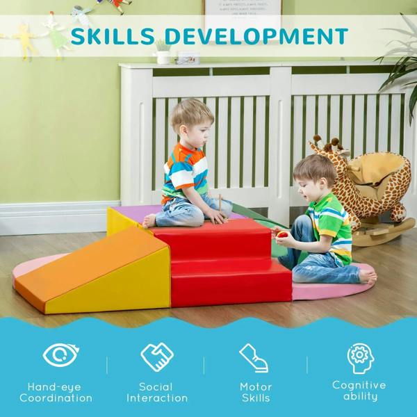 Kids play on multicolor foam climbing and crawling set with red steps and pink mat