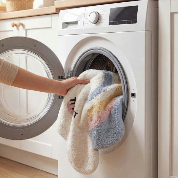 Person taking a colorful towel out of a washing machine in a kitchen.