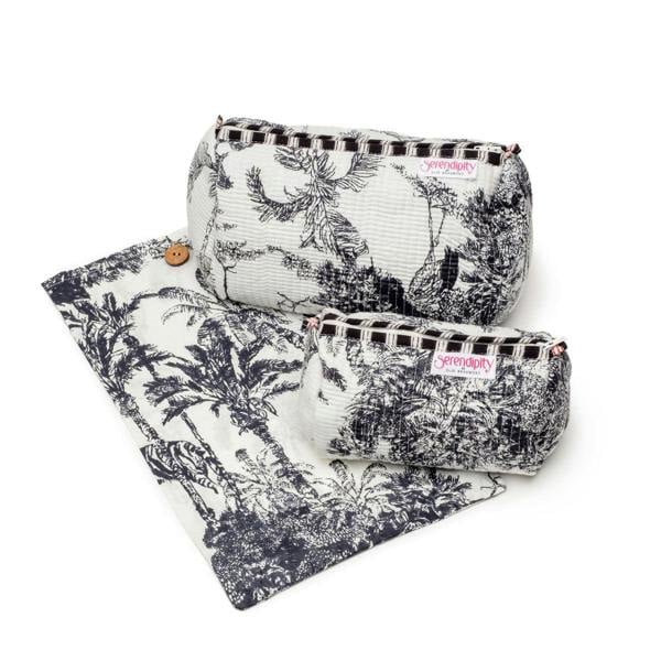 Elie Beaumont Serendipity Cotton Cosmetic Bag Set - Black / White Crane