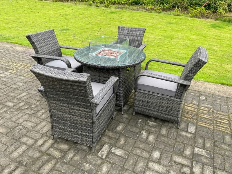 Fimous Rattan Garden Furniture Gas Fire Pit Round Dining Table Set Gas Heater And Dining Chairs 4 Seater