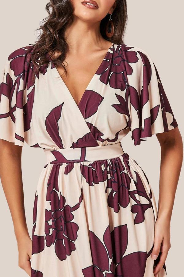 Leaf Print Flutter Sleeve Midi - Cream DR3651