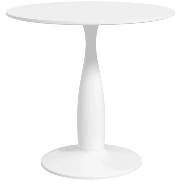 White round dining table with smooth tabletop and single pedestal steel base