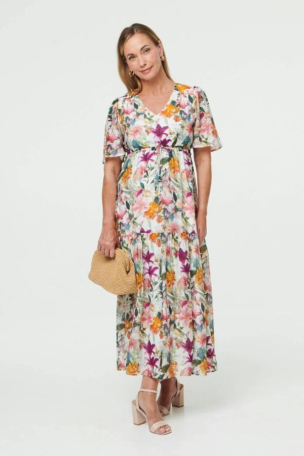 White | Floral Tiered 1/2 Sleeve Maxi Dress