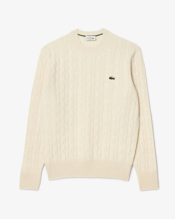 Lacoste Carded Wool Cable Knit Crew Neck Mens Sweater - Lapland XFJ - CHO - Designer Mens Jumpers