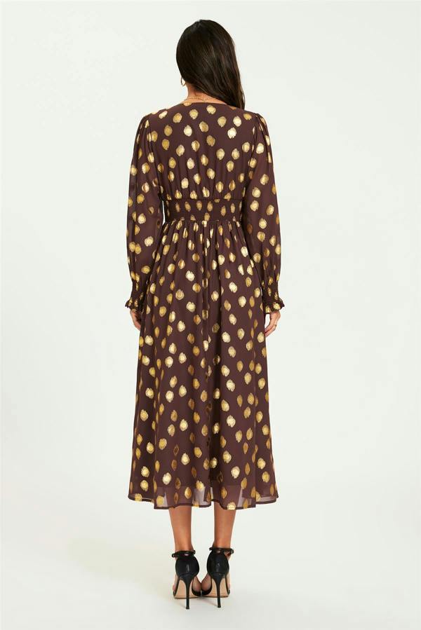 FS Collection Gold Foil Long Sleeve Maxi Dress In Brown