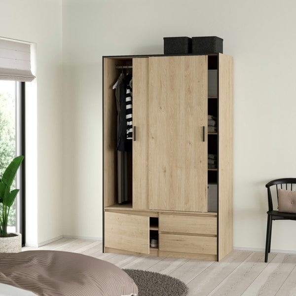 Furniture To Go Line Wardrobe with 2 Sliding Doors 1 Small Door and 2 Drawers in Jackson Hickory Oak