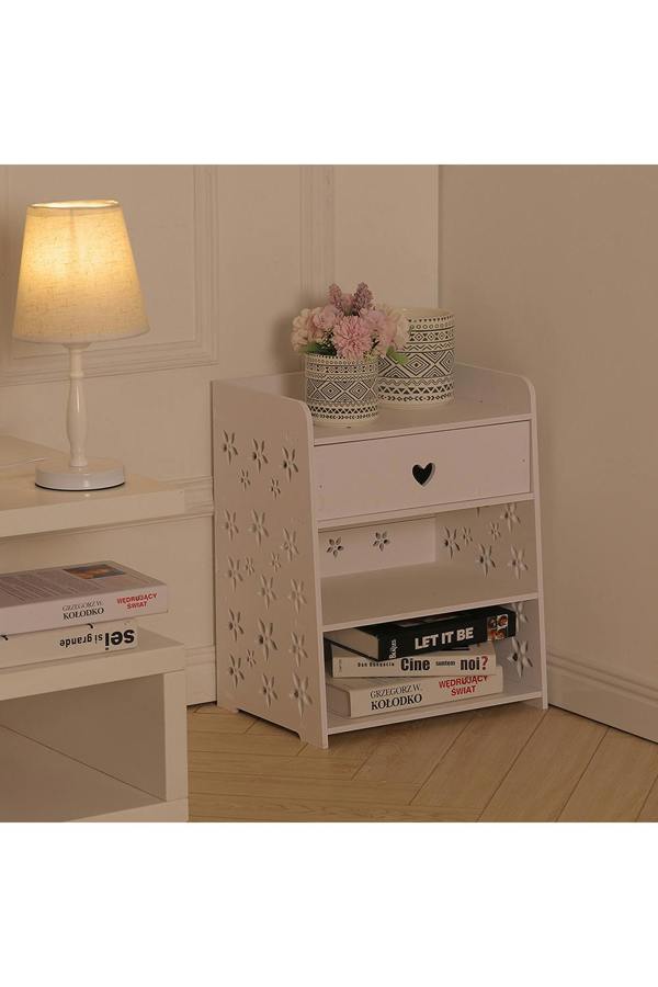 Living and Home 4-tier Hollow Carved Flower Pattern Wooden Side Table Nightstand with Drawer for Bedroom White