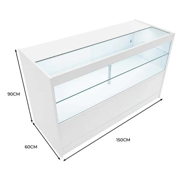 LED retail shop counter in sleek white finish, featuring a glass display top, dimensions 150cm x 60cm x 90cm, ideal for showcasing products