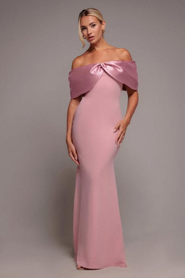 Twist Knot Satin & Scuba Bardot Maxi Dress - Blush Pink DR4575
