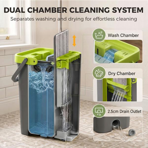 HOMCOM Mop and Bucket Set with 2 Chambers, 5 Microfiber Pads, Dark Grey