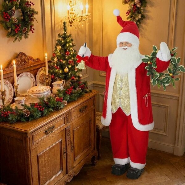 Bobobiy 5ft Life Size Singing Santa Claus, Standing Christmas Animated Santa Figure with Bell and Wreath, Sound/Touch Activated